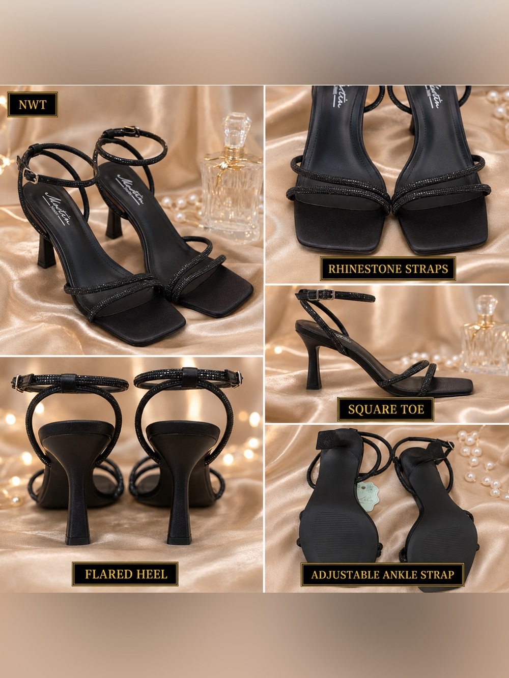 Black Strappy Stiletto Heels with Shiny Stone Ankle Strap Satin Details 3” - Picture 4 of 9